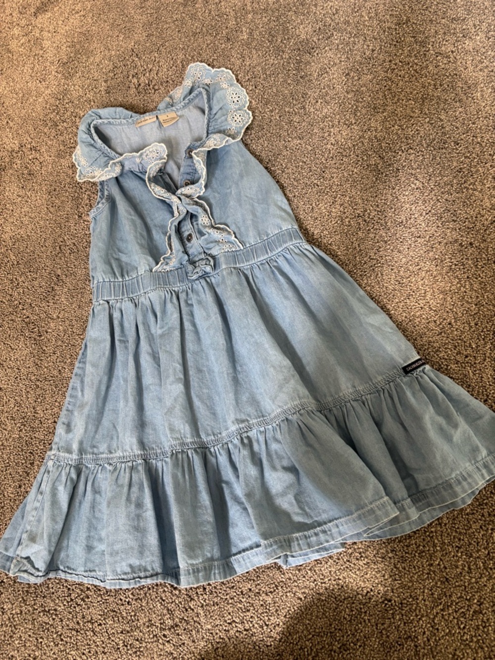 CALVIN KLEIN JEANS - Light Blue Chambray Ruffle Collar Kids Dress